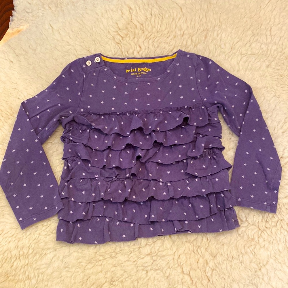 Mini Boden kids 4/5 long sleeve t-shirt with ruffle front. Navy/white stars EUC
